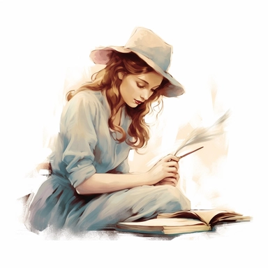Girl Reading with a Quill Pen: A clipart of a girl reading a book while holding a quill pen, adding a touch of nostalgia and literary inspiration retro look vintage blueish colors pale colors pastel graphic vector illustration painting oil painting da vinci style white background