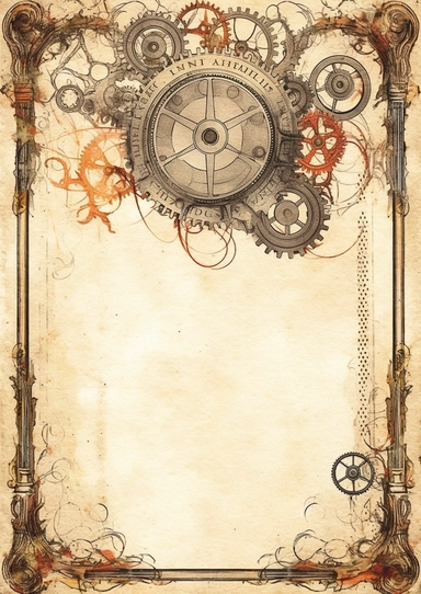 Blank ephemera paper page with ornate border illustrations vintage steampunk elemets, gears and engines pencil sketch, greeting card design, old botanical books style drawing, vintage, distressed textures, muted colors, craft paper texture, handwriting lines in background, pen and ink on paper with watercolor washes Watercolor, vector, white background, rice paper texture, clipart, flat illustration, outlined, Vector, 4K, Art station, digital print, highly detailed clean, detailed illustration, 