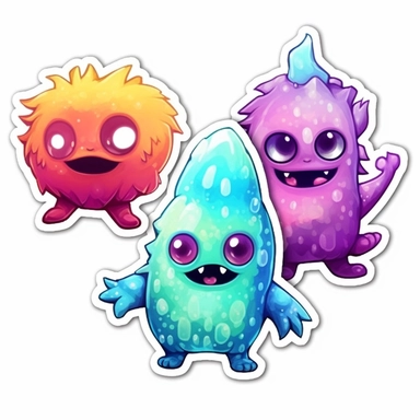 3 stickers with white background and border, emoji clipart as cute monsters, high res, iridescent, some bioluminescent, sfumato technique