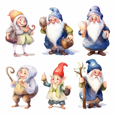 Watercolor snow white , illustrations clipart set, simple , cartoon elements, fairy tale theme and elements, different characters, 7 dwarves, different variants , , separate elements with a margin