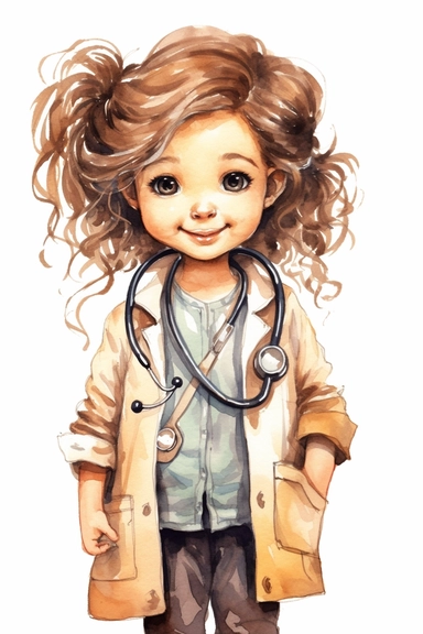 happy cute little girl 5 years old, doctor, folk art, watercolor, clipart elements, smooth gradients, black contour outline, ultra detailed, minimalistic colors, white background, super clear, high quality