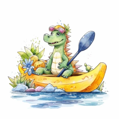 a cute dinosaur sitting in Kayak clipart,summer concept,watercolor illustration, high definition, white background for removing background- - no text shadow font watermark