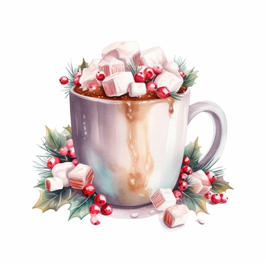 christmas themed coffee mug with foam and white marshmallows on the top, watercolor clipart, attention to detail