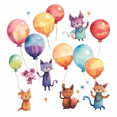 flying cat tied to a balloon clipart, balloons lined up side by side clipart , party balloons clipart, birthday party centerpiece, watercolor clipart