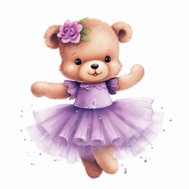 Adorable Ballerina Teddy Bear clip art, purple dress, white background