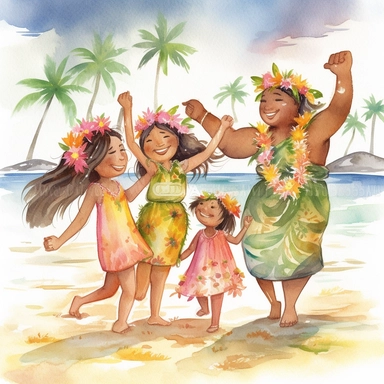 watercolour, beautiful soft colours, tropical island setting, showcase an adorable little Hawaiian girl doing the hula on the beach with her family, she feeling is happy, celebration, they are all wearing flowers in their hair, beautiful clipart style