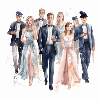 Create beautiful watercolor clipart images of female and male graduates wearing elegant prom clothes , full length, featuring delicate brushstrokes, soft colors, and intricate details. The images should capture the joy and excitement of graduation day, white background , without watermark