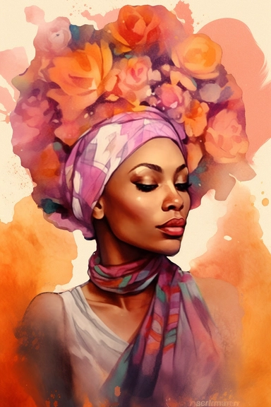 Portrait afro girl woman wears bandana for curly hairstyles. profile, black melanin skin. Shenbolen Ankara Headwrap Women. Afro Traditional Headtie Scarf Turban in tribal zebra fabric design texture watercolor clipart. pink indigo and orange. gold details on purple background watercolor texture. white flowers.