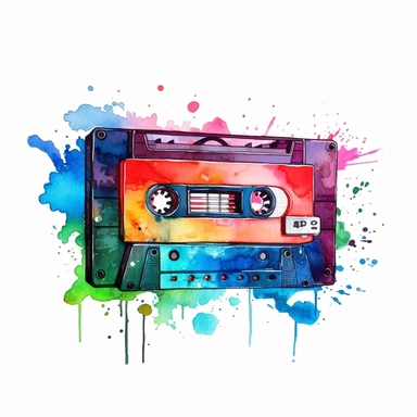watercolor clipart of a cassette tape, retro, white background