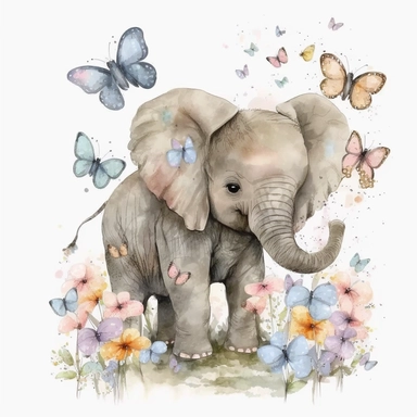 charming illustration of baby elephant, flowers, soft and delicate colors, surrounded by butterflies, watercolor,white background, clipart