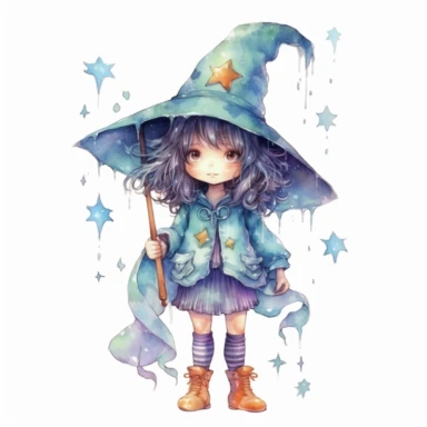 Cute Adorable magical little Witch holds laterally a umbrella in his hand wears a raincape and stand in the rain, stars on the raincape, clipart, photorealistic illustration, watercolor, high detail, 8k polished, 8k, vibrant colors, white background