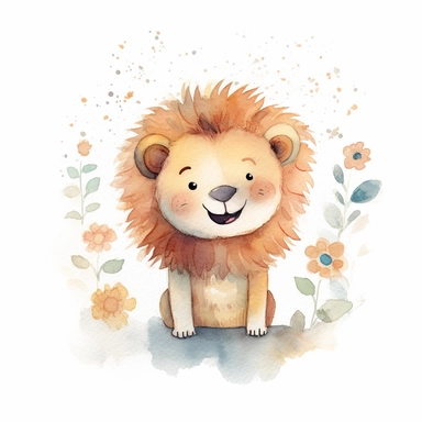 Watercolor illustration of a adorable happy lion, organic forms, muted tones, soft, hazy brushstrokes, bruno munari, tsubasa nakai, simple designs, bloomcore, clipart, isolated on a white background, hd, beautiful