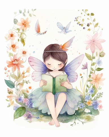 very simple watercolour childrens book style drawing of a cute fairy reading a book surrounded by flowers, pastel colours soft on white background for clipart, 8k