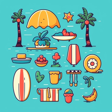 Design a vibrant and playful vector logo and clipart set depicting a tropical beach vacation. Create a simple and colorful cartoon-style illustration in 2D that captures the essence of a relaxing getaway. Include elements such as palm trees, a sandy beach, crystal-clear water, a beach umbrella, flip-flops, and a beach ball. Emphasize the fun and leisurely atmosphere of the vacation with cheerful characters engaging in activities like swimming, sunbathing, playing beach volleyball, or building sa