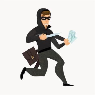 thief dressed in black stealing documents, transparent white background, flat clipart style