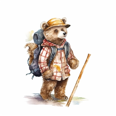 one bear holding a cane and carrying a backpack Watercolor clip art on a white background, in the style of charming character illustrations, realistic brushwork, detailed costumes, adventurecore, cottagepunk, handheld, wallpaper , no watermark, text, 300 DPI , typography, shapes do not stick together, no text in the picture, on a white background
