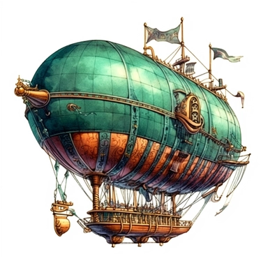 Steampunk airship image, dirigible-style, steampunk, intense colors, luxurious, victorian, clipart, watercolour, dark teal watercolor, white background, detailed,