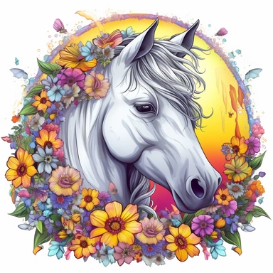 hyperrealistic, beautiful white horse, grass and flowers with sun, cartoon style, no background, no shading, white background, funny and fruit, fantasy, Realistic colorful magic musroom, clipart background, sticker, drawing, fantasy, lot of details, psychedelic, no watermark, purple,