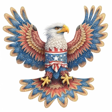 digital clipart, solid white background, a realistic golden flying eagle wearing 4th July apparel