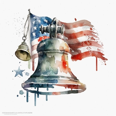 watercolor theme liberty bell with american flag clipart, white background