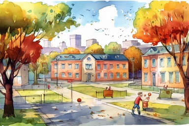 school yard . Pixar childrens book cartoon style, detailed, modern, urban, watercolor, full color, flat color, white background, children book illustration. Watercolor clipart. Pixar animation