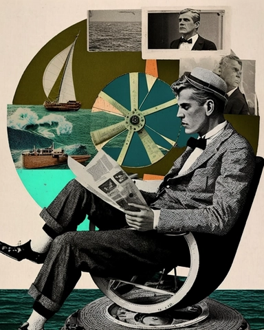 30 year old man from the 1950s, mixed media, cruise ship, ocean, collage, arts and crafts, mixed media, music, magaine style, retro, vintage, sitting in wheel chair, surreal, newspaper clippings, layered collage, spiral composition, scrapbooking, 8k, collage, scrapbook, photography