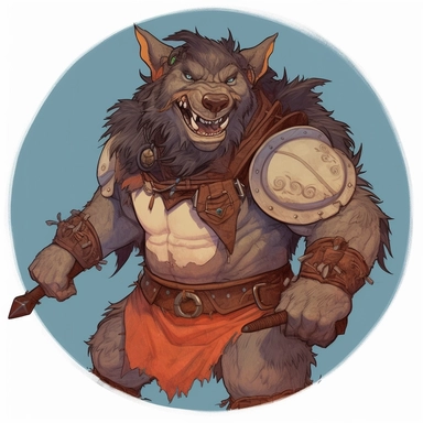 A circular tondo depicting a Dungeons & Dragons character grizzled vicious gnoll with kangaroo features, dressed as an armored Regency barbarian, Craig Mullins Ashley Wood Mike Allred Josh Kirby, Mad Max Lord of the Rings Discworld, handpainted punk zine indie retrowave, clipart illustration, circular solid background