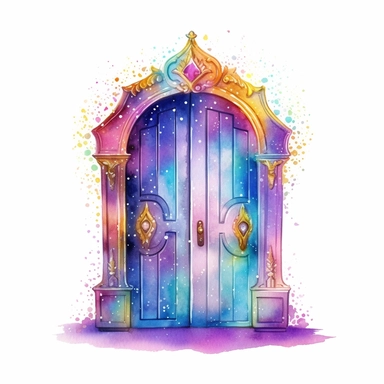 cartoon fairy door, glowing lights and sparkles, purple gold and blue, glamorous realistic and detailed, watercolor, white background with margins, clipart style
