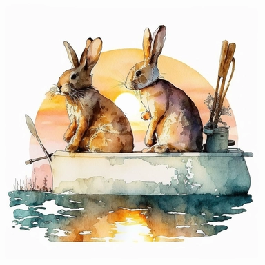 clipart design of watercolor two bunnies go fishing a boat during sunset, contrasting to the white background