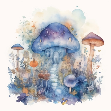 In this watercolor illustration, a mystical mushroom takes center stage, painted with vibrant hues and surrounded by delicate flowers and lush plants. The clipart design captures a magical scene, where fairies flit about in the air, their ethereal forms highlighted against a watercolor backdrop. The white background provides a stark contrast to the dominant blue color scheme, enhancing the enchanting atmosphere of the artwork. The intricate details of the flora and the playful presence of the fa