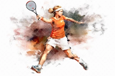 Watercolor, Create an illustration of a tennis player volleying the ball at the net clipart, hd, on a white background, spaced out