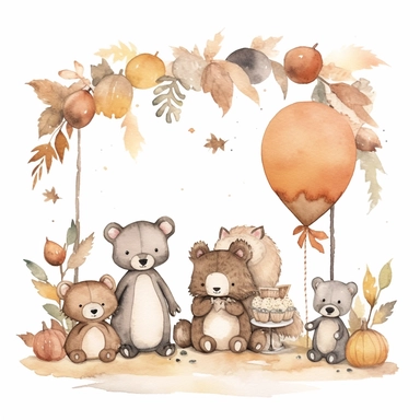 Create a delightful clip art scene featuring a white background with a watercolor neutral-colored hanging banner of leaves and balloons. Sitting on the ground is a bunny, tiger, giraffe, and monkey, all enjoying a playful moment together. The scene is filled with grey and brown leaves, rendered in a gentle watercolor style that evokes a sense of whimsy and childlike wonder. The overall effect is one of joy and happiness, perfect for use in a nursery.