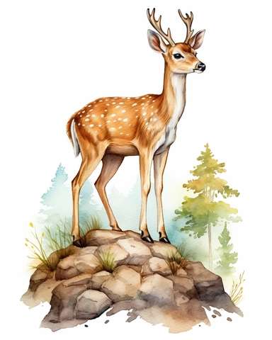 detailed watercolor fawn on a hill, 8k, hyper realistic, isolated on a white background, clipart