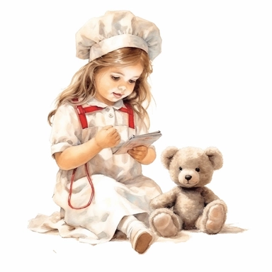 vintage adorable little girl dressed as nurse taking care of teddy bear, red cross, clipart style, full body, watercolor technique, super high quality, professional watercolor clipart, high resolution