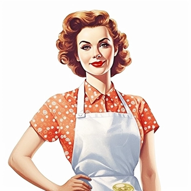 vintage style realistic beautifull happy home wife woman wearing cook apron with watercolor effect,vintage fashion,vintage style home decors,vintage scene,suitable for digital clipart,white background,realistic features