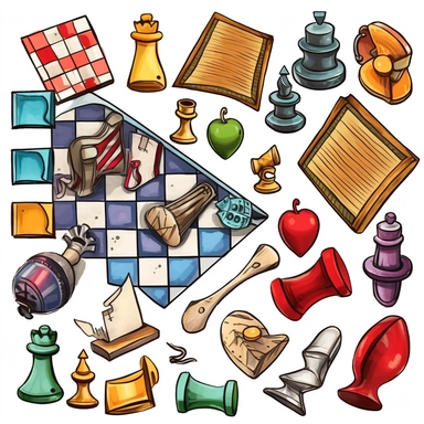 Design a clipart set that depicts various board games, such as chess, checkers, Scrabble, Monopoly, and Candyland. Add extra details to the clipart, such as players playing the games, boards, dice, cards, and game pieces to make the games appear more realistic. Consider different angles, such as close-ups of the board or game pieces, to showcase the finer details.