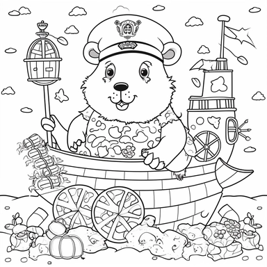 Draw a clipart-style illustration in black and white with simple outlines and bold lines of a hamster running on a wheel and eating seeds. Make sure to leave some space for children to color. Add a simple and linear background in black and white that fits the anecdote and is suitable for coloring.