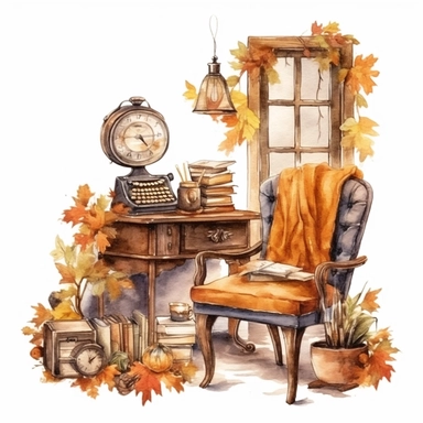 watercolor, hyper realistic, white background, white margins, 16k, ultra detailed clipart, cut out image, hand-drawn cozy study or home office, with a vintage desk, a laptop, autumn foliage in a vase, and a reading nook with a comfy chair. in the style of pencilsteampunk, delicate watercolor, creative commons attribution, miniaturecore, grocery art, white and amber, website
