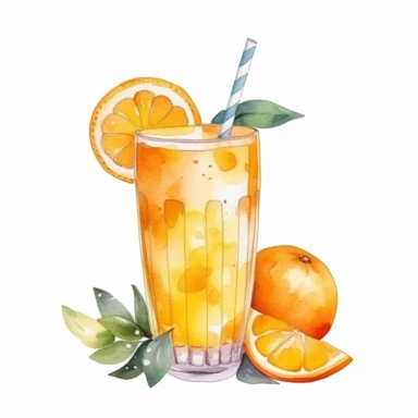 orange juice in a tall cup, watercolor clipart, minimalist, bright colors, isolated white background, 8k