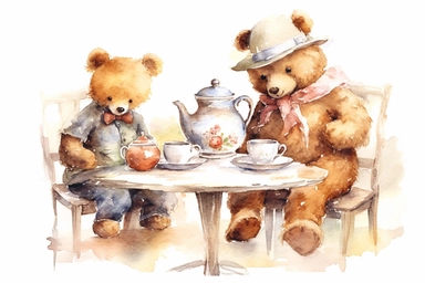 Design a watercolor clipart of a teddy bear wearing a fancy hat and serving tea to other teddy bears at a small table, set against a backdrop of a cozy living room, in the style of delicate watercolor strokes, viewed from a side view perspective, hd, spaced out, on a white background