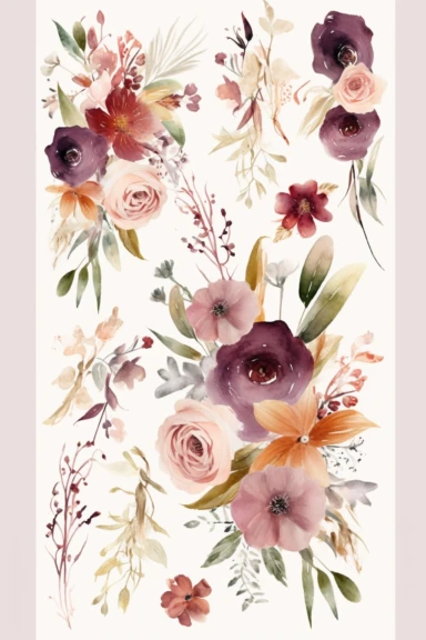 sticker sheet, watercolor floral clipart images illustration, in the style of light maroon and light beige, light maroon and emerald, wallpaper, happenings, mandy disher, violet and orange, lively tableaus, sticker borders