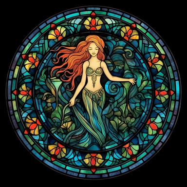 Stained Glass Watercolor Mermaid Mandala Clipart, black background, no text, no caption