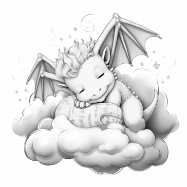 colouring book, black and white, simple art, a cute baby Dragon sleeping on top of a mega Cloud, pyjama hat on, closed eyes, magical tale, for ages 2-6, adorable, bedtime, clipart, no fill, no background
