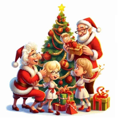clipart digital svg cartoon of Mrs Claus decorating the Christmas tree with the family, on a whte background no shadow