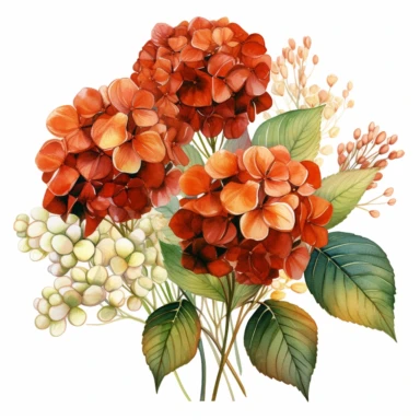 rust colored hydrangea flowers arrangement with watercolor effect,suitable for digital clipart,white background,green leaves