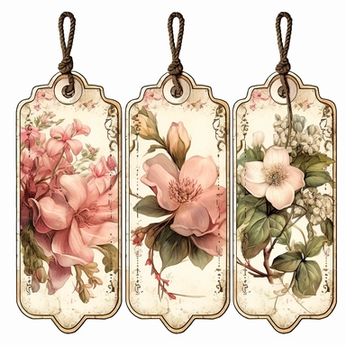 victorian number tags, clipart, isolated, with boquet of magnolia flower and delicate vines