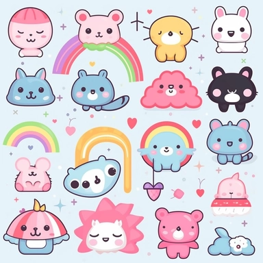 Design an adorable clipart set in Kawaii style featuring sweet and happy animals. Create cute characters like smiling pandas, chubby bunnies, and cheerful kittens. Add playful elements like rainbows, cupcakes, and hearts to enhance the cuteness factor. Let the colors be vibrant and pastel to capture the essence of Kawaii style and spread joy with your delightful clipart. Kawaii. White background, soft lighting.