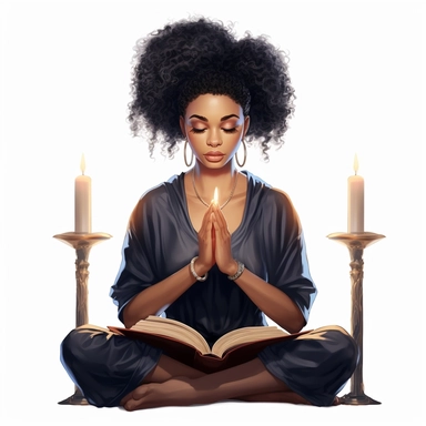 A beautiful black woman fashionista with praying on her knees with the bible next to her, no candles in the background, Hair in a french roll hairstyle, feminine, chic, elegant, posing, with a macro lens, clip art seed