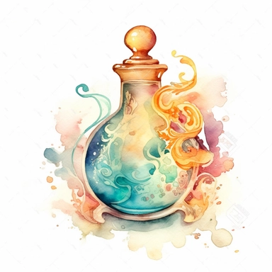 clipart, front view, sharp focus, ornate, whimsical nursery illustration of a potion bottle in soft watercolor, isolated on a solid white background