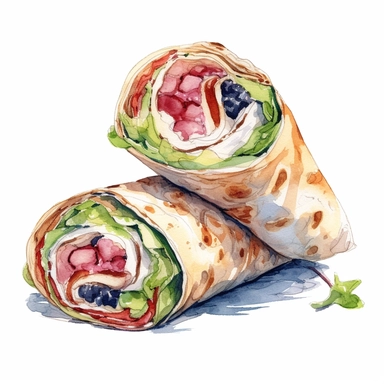 Sandwich wrap watercolor clipart, white background, neutral muted colors, high quality, hyperrealistic, detailed, vintage, color palette red, blue, white, picnic